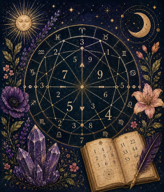 Ilustrace číslic mezi květy a hvězdami