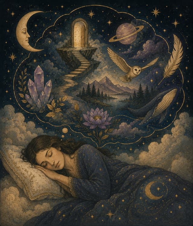 Ilustrace spící tváře mezi hvězdami a květy