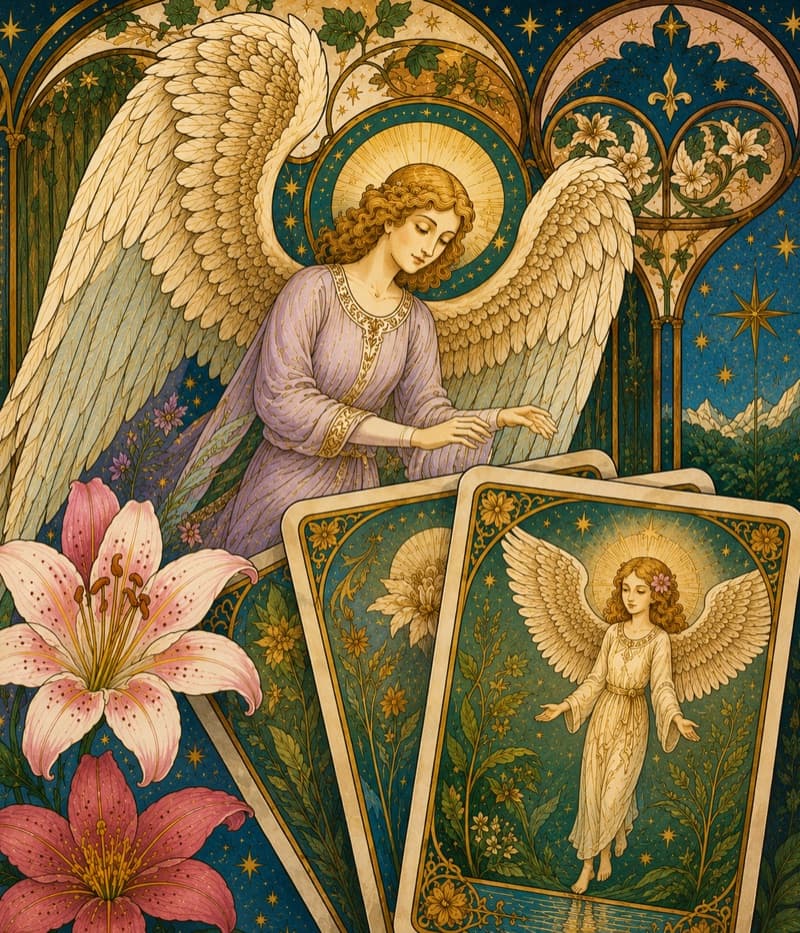 Ilustrace anděla a karet s liliemi