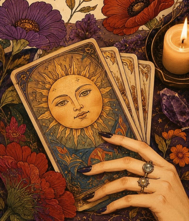 Ilustrace ruky s tarotovými kartami mezi květy